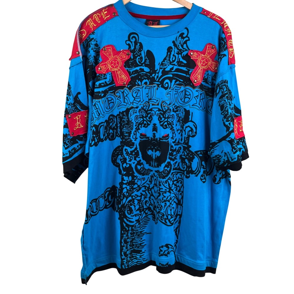 VTG Red Ape Fortitude Blue Red Graphic Skull Grunge Short Sleeve Y2K‎ T-Shirt XL